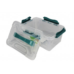 Műanyag Clipp doboz, 4,2 l, átlátszó, kék részletekkel, 29x19x12,4 cm - UTOLSÓ 5 DB